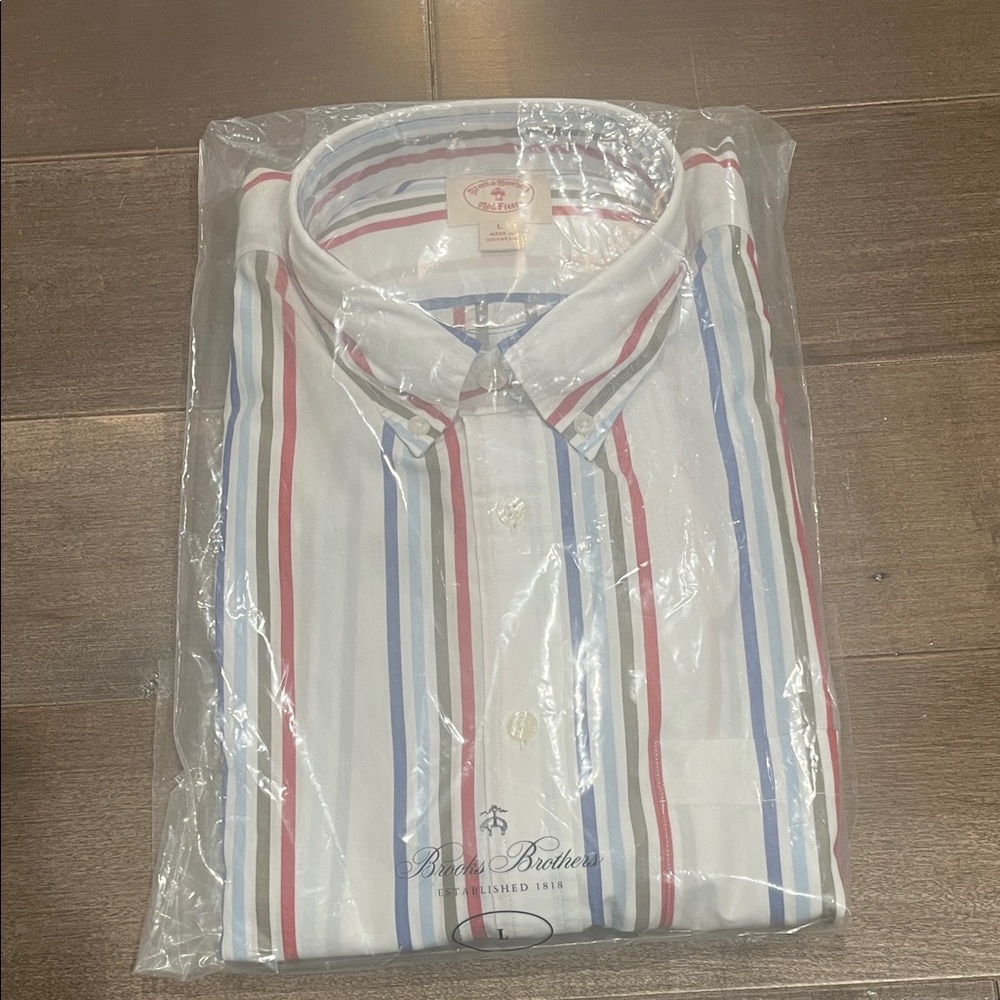 Brooks Brothers Men's White Shirt with Red and Blue Stripes
